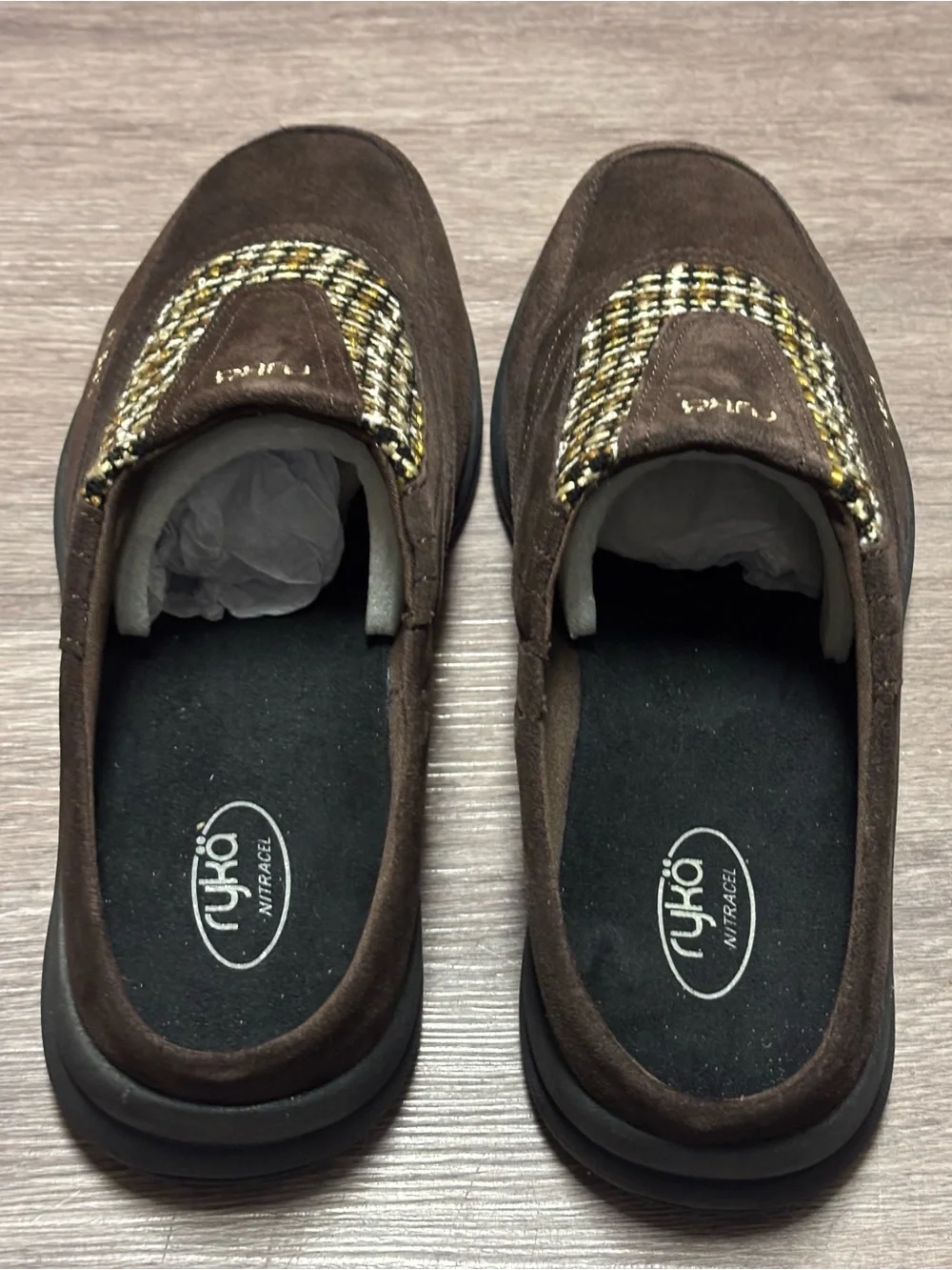 NIB- Ryka Freelance Brown Suede Tweed Inset Mule Clogs Size 9.5